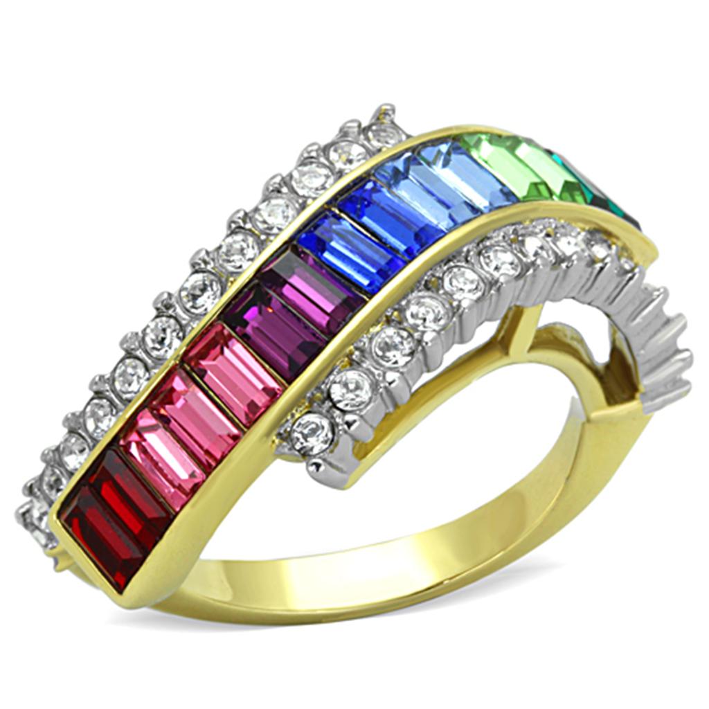 JCE1575 Two-Tone IP Gold (Ion Plating) Stainless Steel Ring with Top Grade Crystal in Multi Color