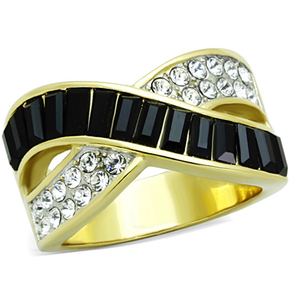 JCE1577 Two-Tone IP Gold (Ion Plating) Stainless Steel Ring with Top Grade Crystal in Jet