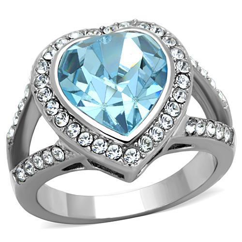 JCE1582 High polished (no plating) Stainless Steel Ring with Top Grade Crystal in Sea Blue
