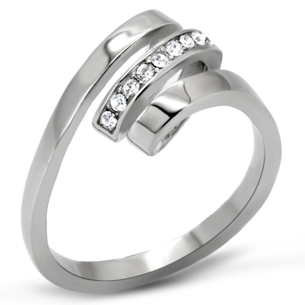 JCE161 High polished (no plating) Stainless Steel Ring with Top Grade Crystal in Clear