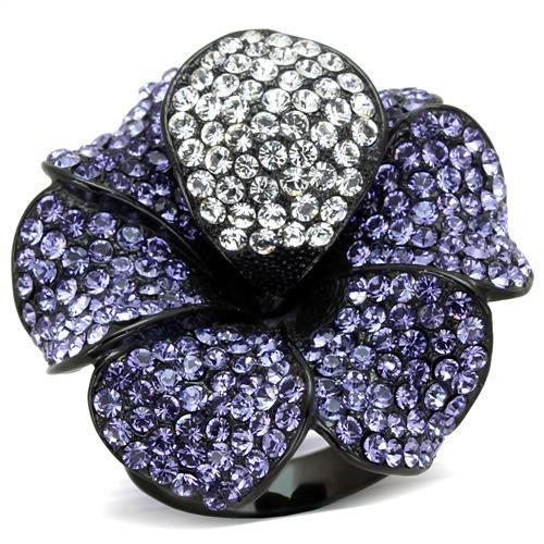 JCE1618 IP Black(Ion Plating) Stainless Steel Ring with Top Grade Crystal in Tanzanite