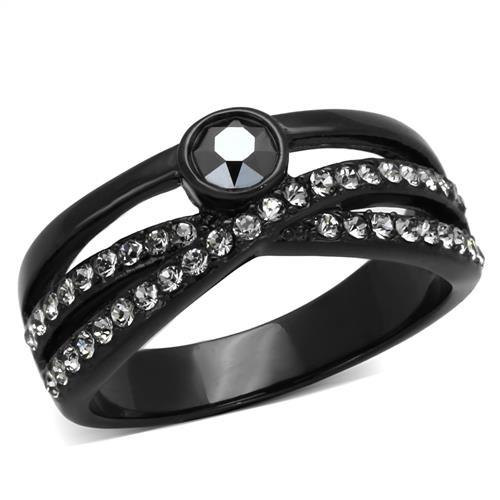 JCE1620 IP Black(Ion Plating) Stainless Steel Ring with Top Grade Crystal in Hematite
