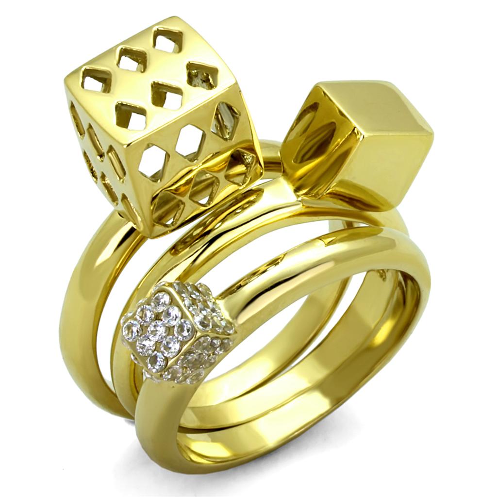 JCE1630 IP Gold(Ion Plating) Stainless Steel Ring with AAA Grade CZ in Clear