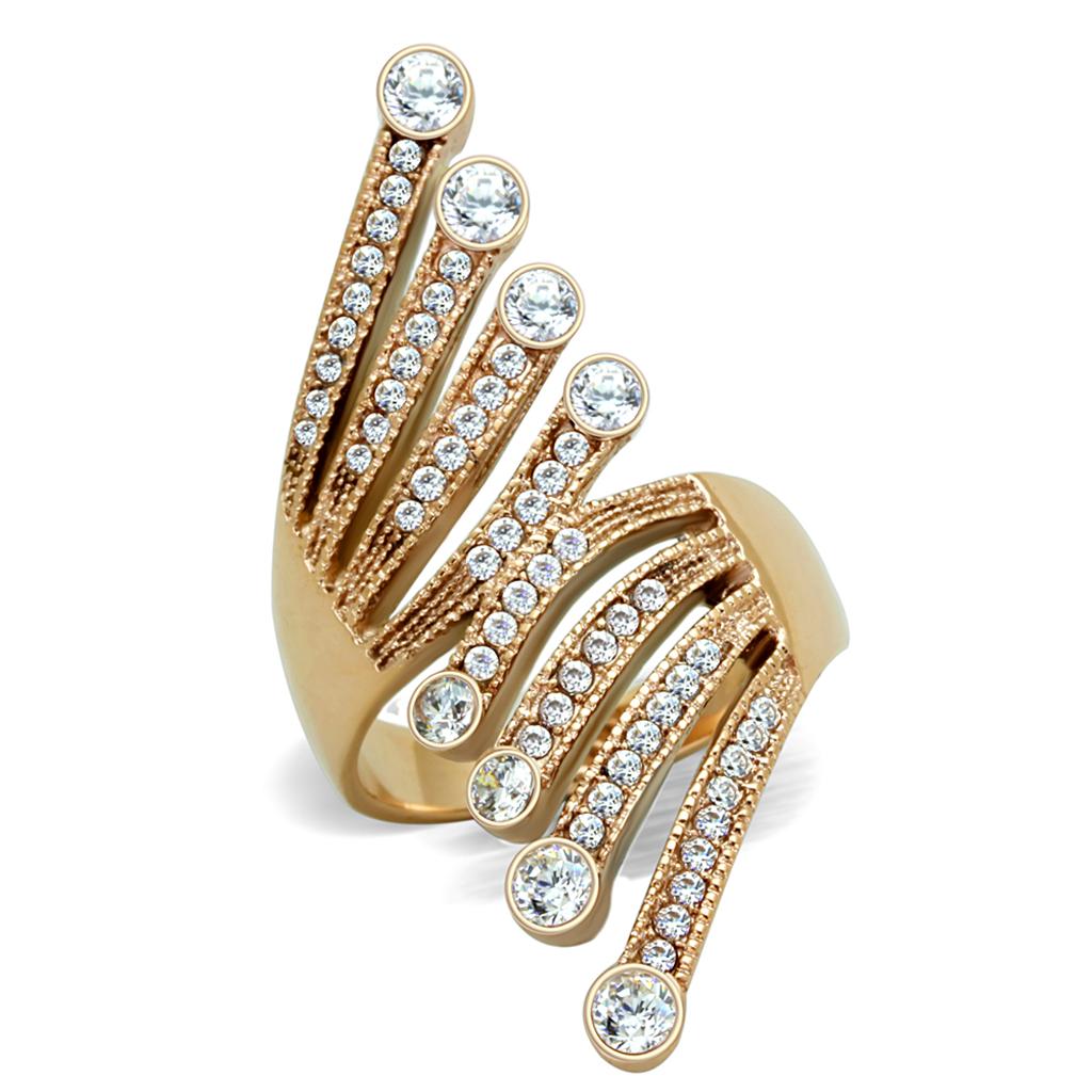 JCE1631 IP Rose Gold(Ion Plating) Stainless Steel Ring with AAA Grade CZ in Clear