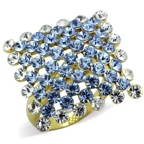 JCE1643 IP Gold(Ion Plating) Stainless Steel Ring with Top Grade Crystal in Light Sapphire