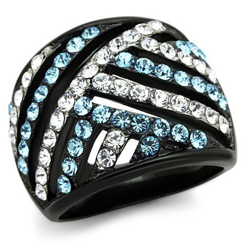 JCE1663 Two-Tone IP Black Stainless Steel Ring with Top Grade Crystal in Sea Blue