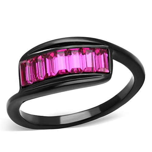JCE1664 IP Black(Ion Plating) Stainless Steel Ring with Top Grade Crystal in Fuchsia