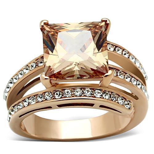 JCE1665 IP Rose Gold(Ion Plating) Stainless Steel Ring with AAA Grade CZ in Champagne