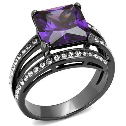 JCE1665LJ IP Light Black (IP Gun) Stainless Steel Ring with AAA Grade CZ in Amethyst
