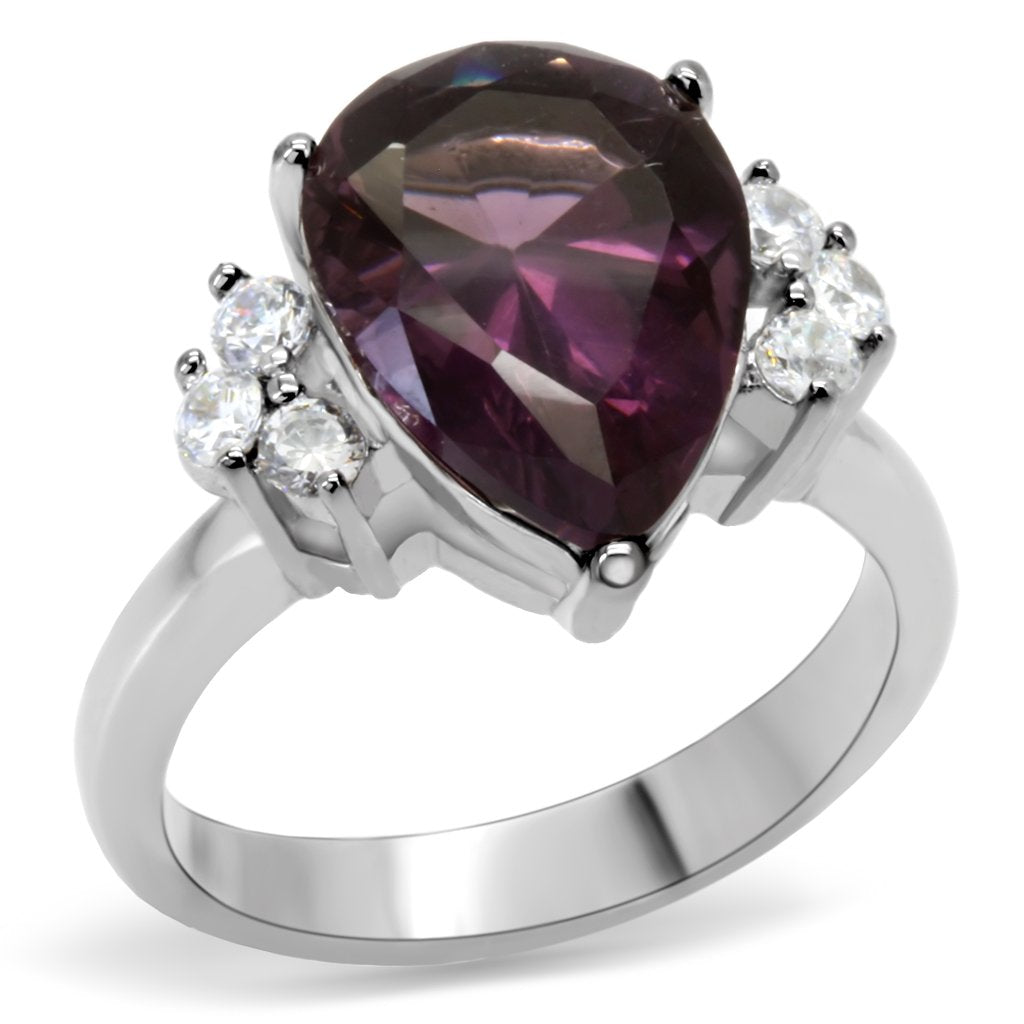 JCE167 High polished (no plating) Stainless Steel Ring with Synthetic Synthetic Glass in Amethyst