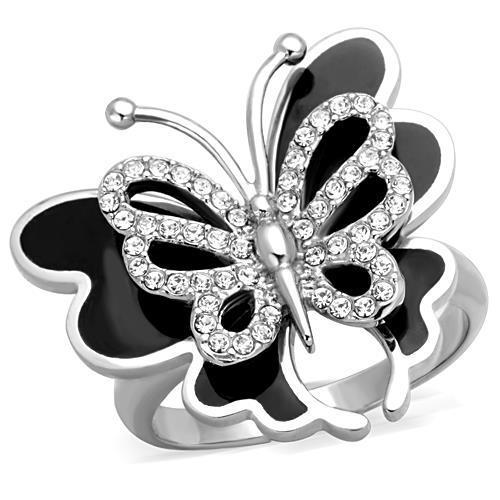 JCE1676 High polished (no plating) Stainless Steel Ring with Top Grade Crystal in Clear