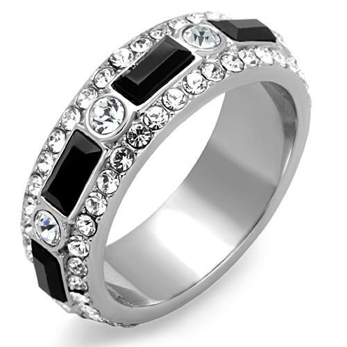 JCE1677 High polished (no plating) Stainless Steel Ring with Top Grade Crystal in Jet