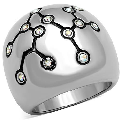 JCE1685 High polished (no plating) Stainless Steel Ring with Top Grade Crystal in White AB