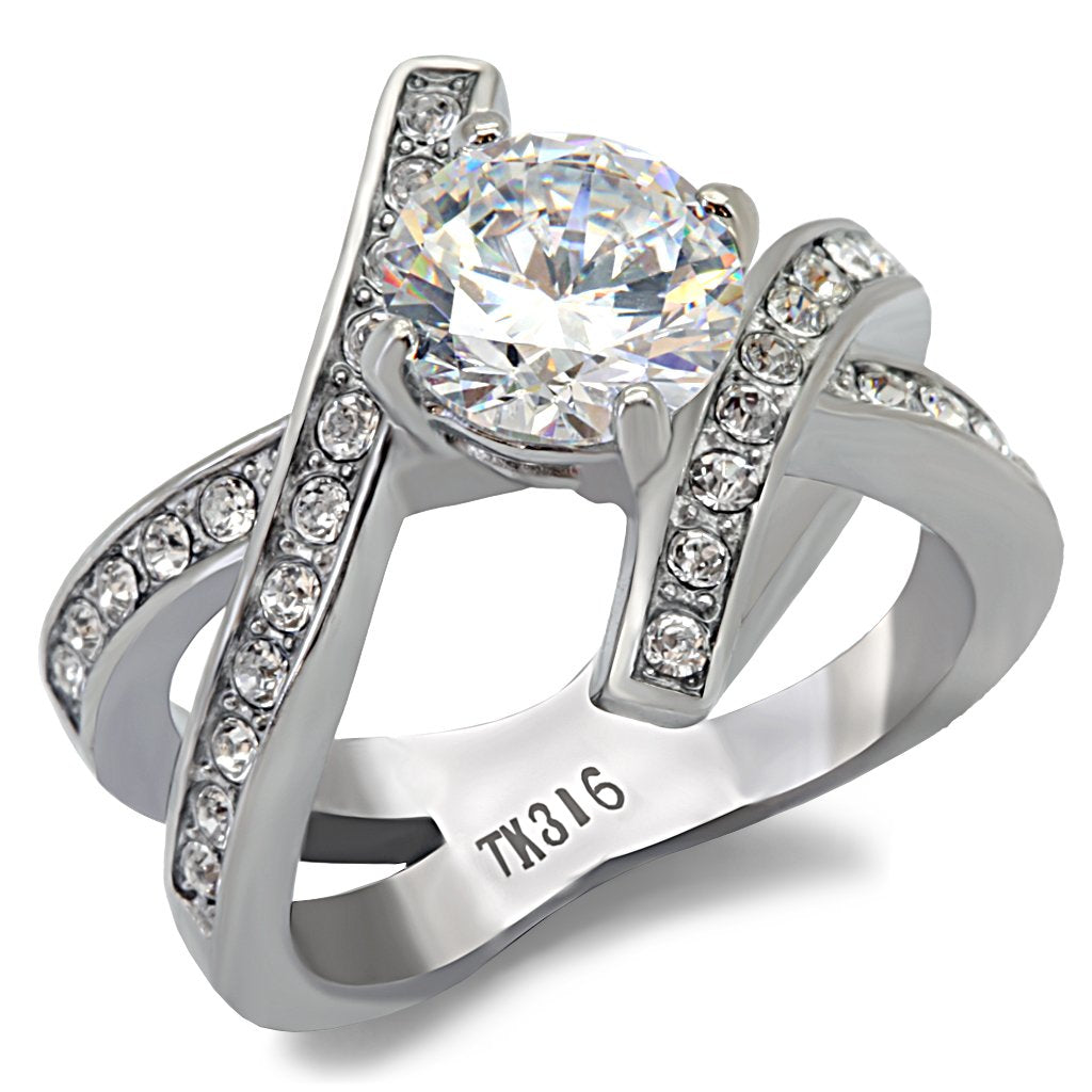 JCE169 High polished (no plating) Stainless Steel Ring with AAA Grade CZ in Clear
