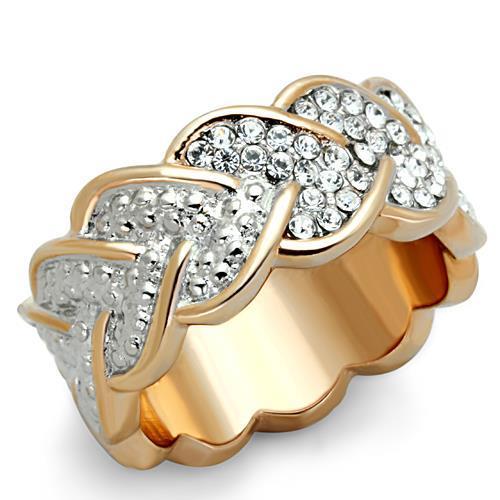 JCE1691 Two-Tone IP Rose Gold Stainless Steel Ring with Top Grade Crystal in Clear