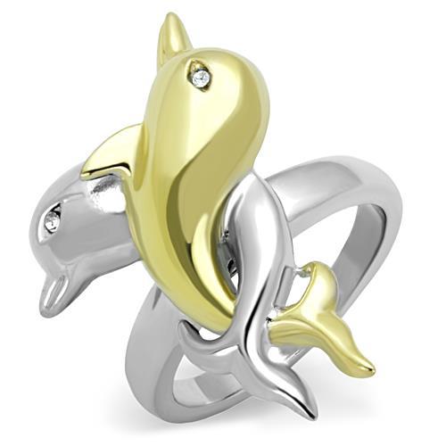 JCE1698 Two-Tone IP Gold (Ion Plating) Stainless Steel Ring with Top Grade Crystal in Clear
