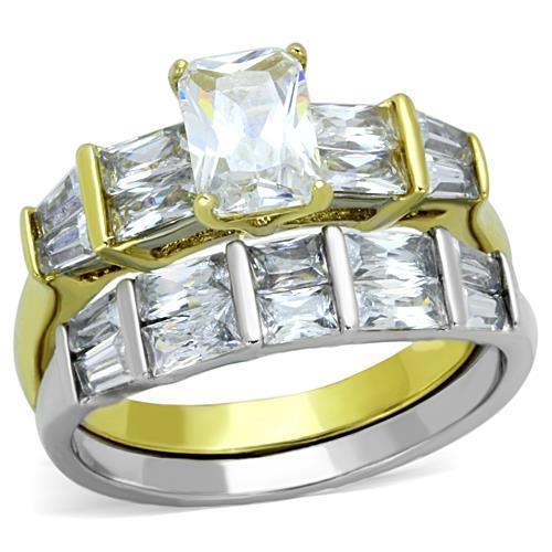JCE1708 Two-Tone IP Gold (Ion Plating) Stainless Steel Ring with AAA Grade CZ in Clear