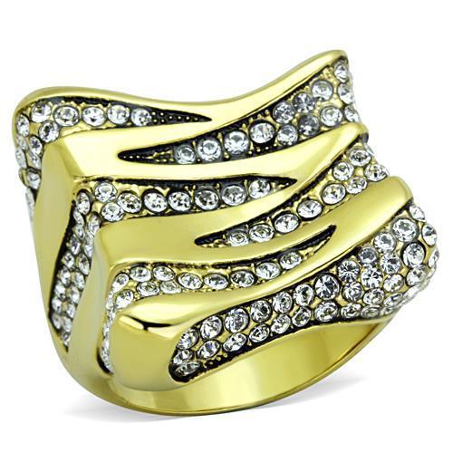 JCE1709 IP Gold(Ion Plating) Stainless Steel Ring with Top Grade Crystal in Clear