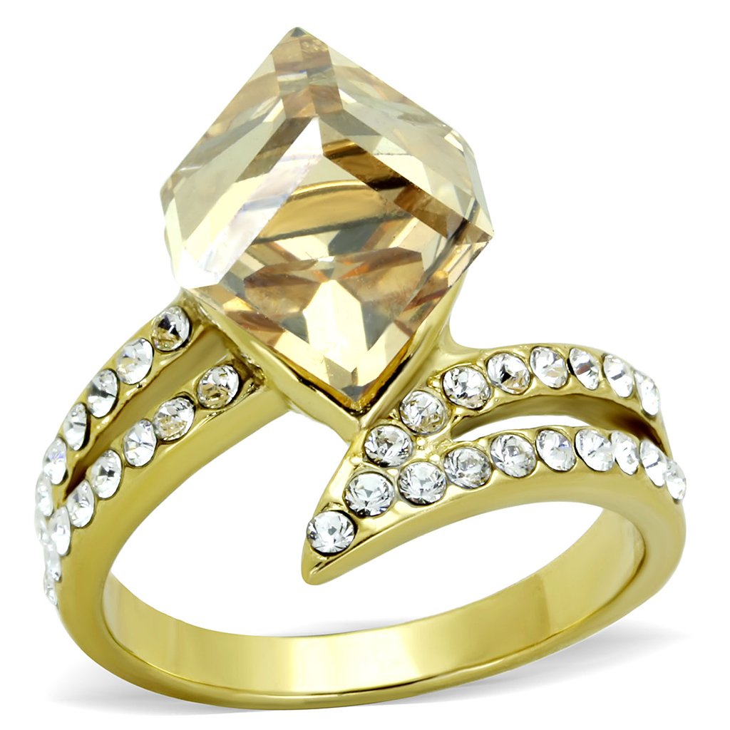 JCE1745 IP Gold(Ion Plating) Stainless Steel Ring with Top Grade Crystal in Champagne