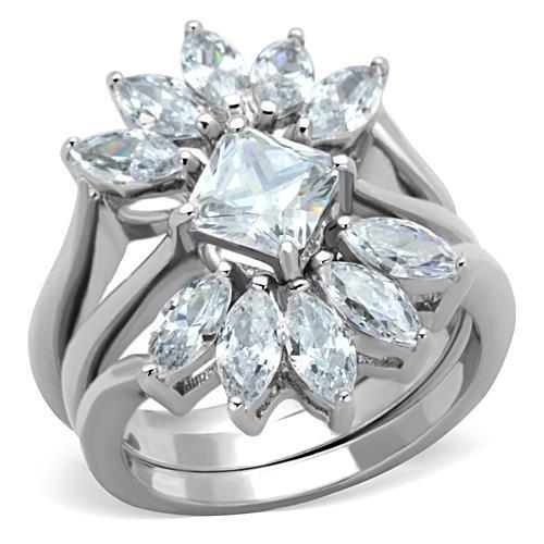 JCE1756 High polished (no plating) Stainless Steel Ring with AAA Grade CZ in Clear
