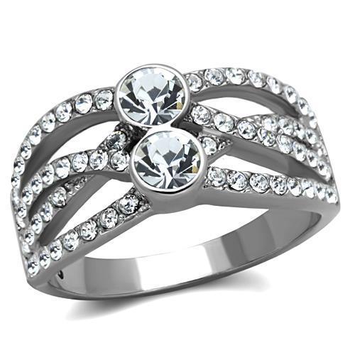 JCE1758 High polished (no plating) Stainless Steel Ring with Top Grade Crystal in Clear