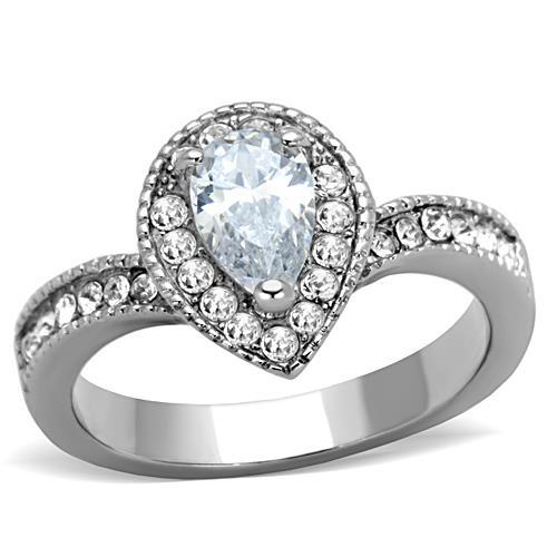 JCE1759 High polished (no plating) Stainless Steel Ring with AAA Grade CZ in Clear