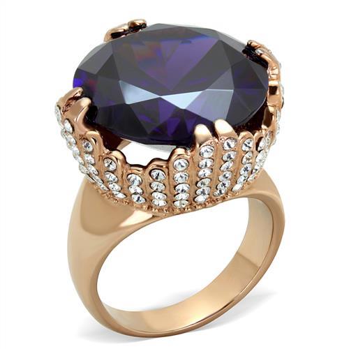 JCE1786 IP Rose Gold(Ion Plating) Stainless Steel Ring with AAA Grade CZ in Amethyst