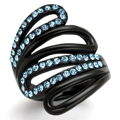 JCE1835 IP Black(Ion Plating) Stainless Steel Ring with Top Grade Crystal in Sea Blue