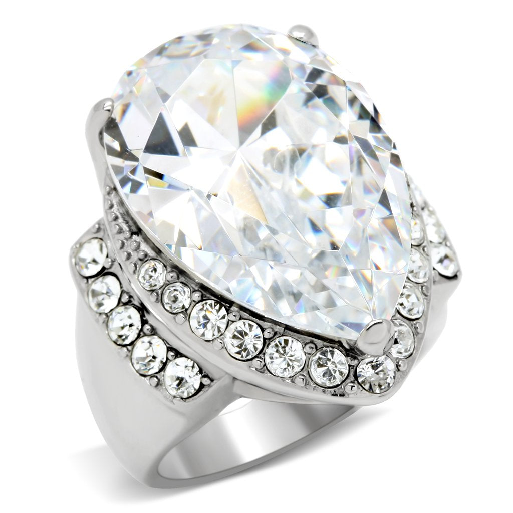 JCE184 High polished (no plating) Stainless Steel Ring with AAA Grade CZ in Clear