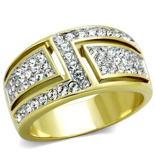 JCE1845 Two-Tone IP Gold (Ion Plating) Stainless Steel Ring with Top Grade Crystal in Clear