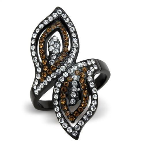 JCE1864 IP Black(Ion Plating) Stainless Steel Ring with Top Grade Crystal in Smoked Quartz