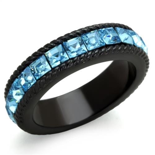 JCE1867 IP Black(Ion Plating) Stainless Steel Ring with Top Grade Crystal in Sea Blue