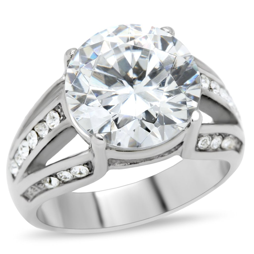JCE187 High polished (no plating) Stainless Steel Ring with AAA Grade CZ in Clear