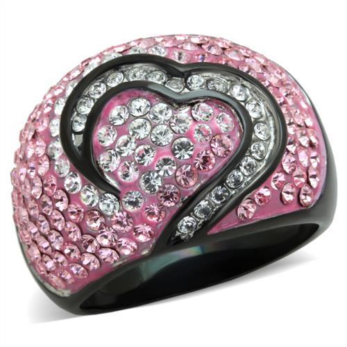 JCE1871 Two-Tone IP Black (Ion Plating) Stainless Steel Ring with Top Grade Crystal in Light Rose