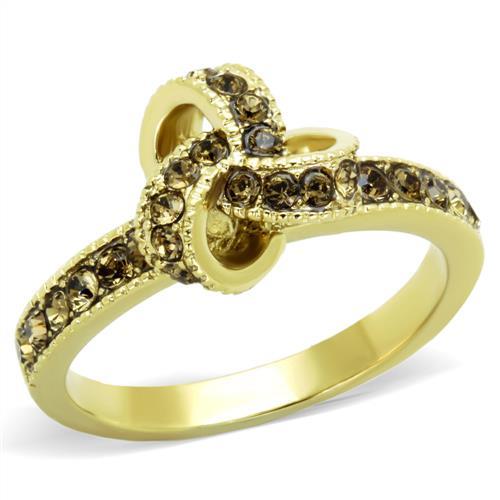 JCE1874 IP Gold(Ion Plating) Stainless Steel Ring with Top Grade Crystal in Smoked Quartz