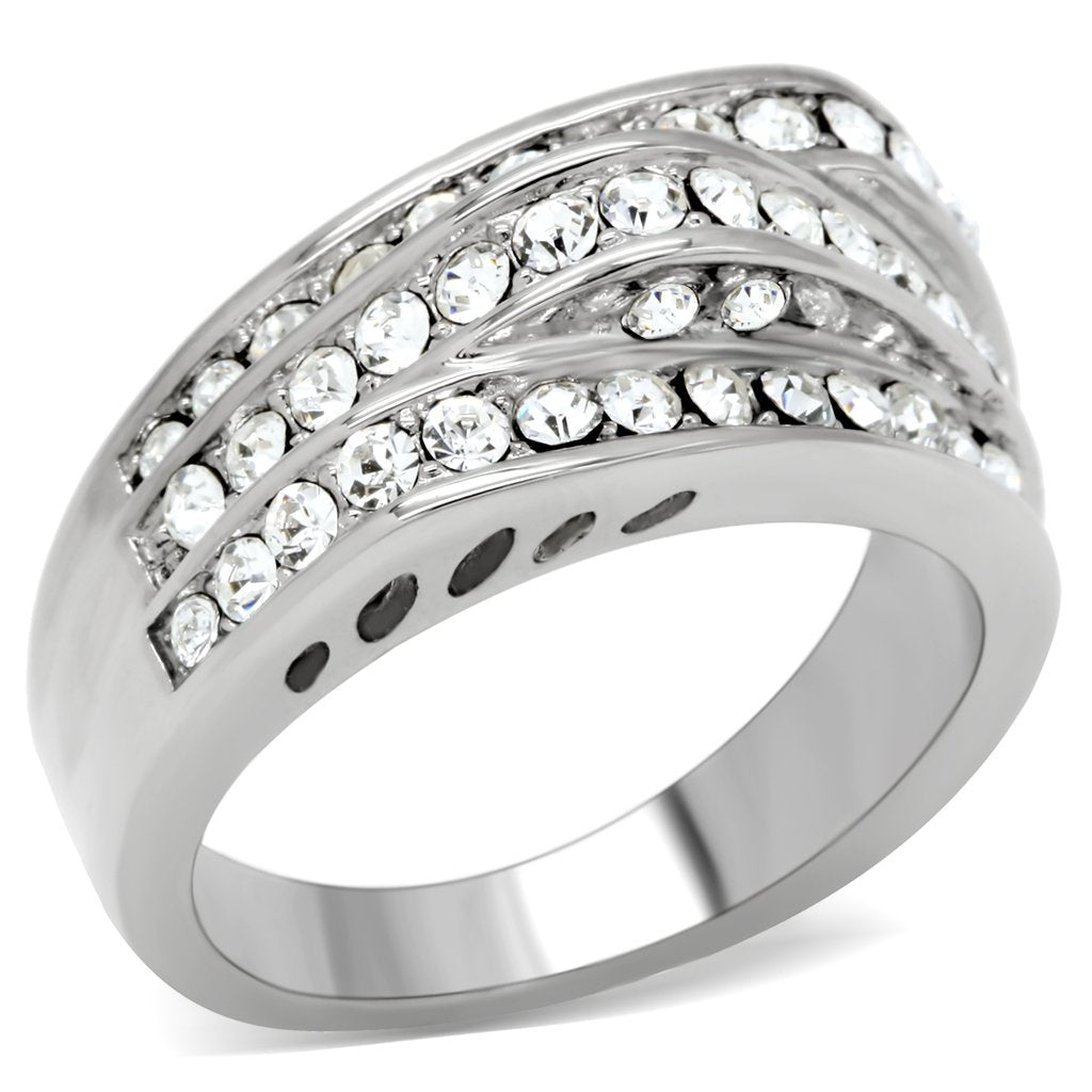 JCE188 High polished (no plating) Stainless Steel Ring with Top Grade Crystal in Clear
