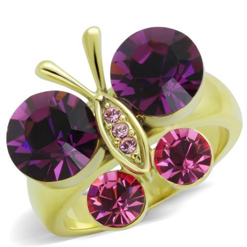 JCE1889 IP Gold(Ion Plating) Stainless Steel Ring with Top Grade Crystal in Amethyst