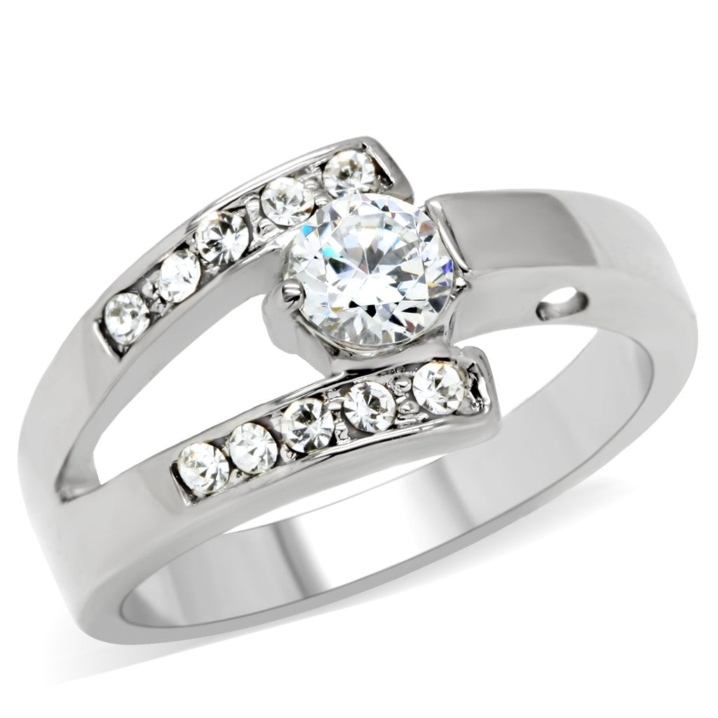 JCE189 High polished (no plating) Stainless Steel Ring with AAA Grade CZ in Clear