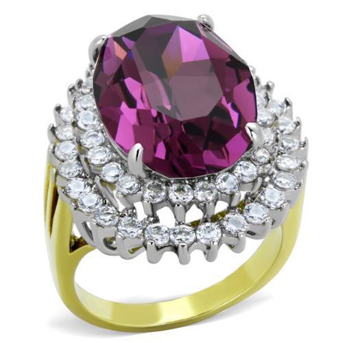 JCE1892 Two-Tone IP Gold (Ion Plating) Stainless Steel Ring with Top Grade Crystal in Amethyst