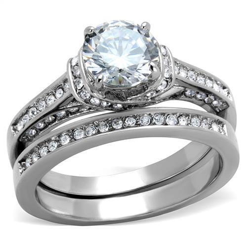 JCE1919 High polished (no plating) Stainless Steel Ring with AAA Grade CZ in Clear