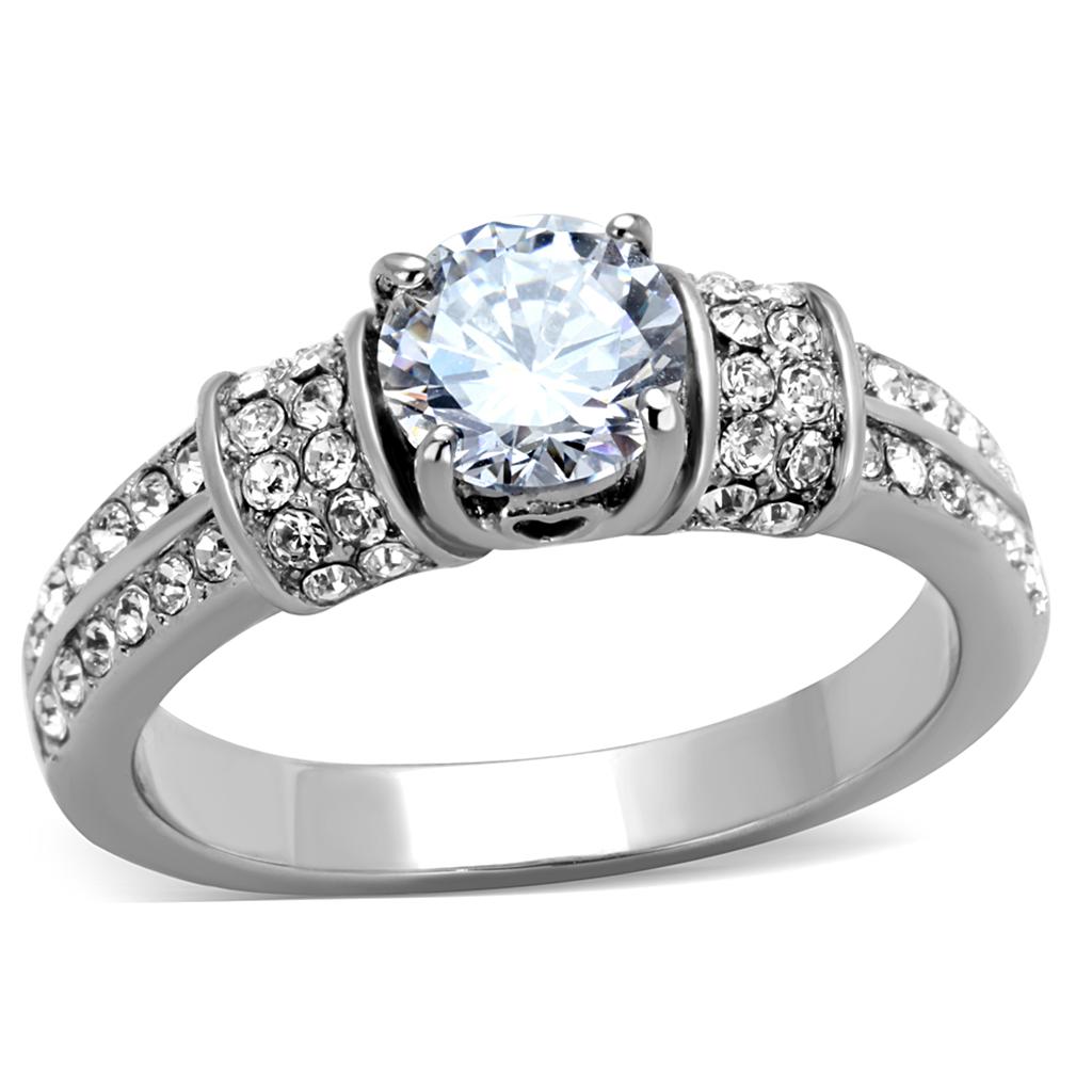 JCE1921 High polished (no plating) Stainless Steel Ring with AAA Grade CZ in Clear