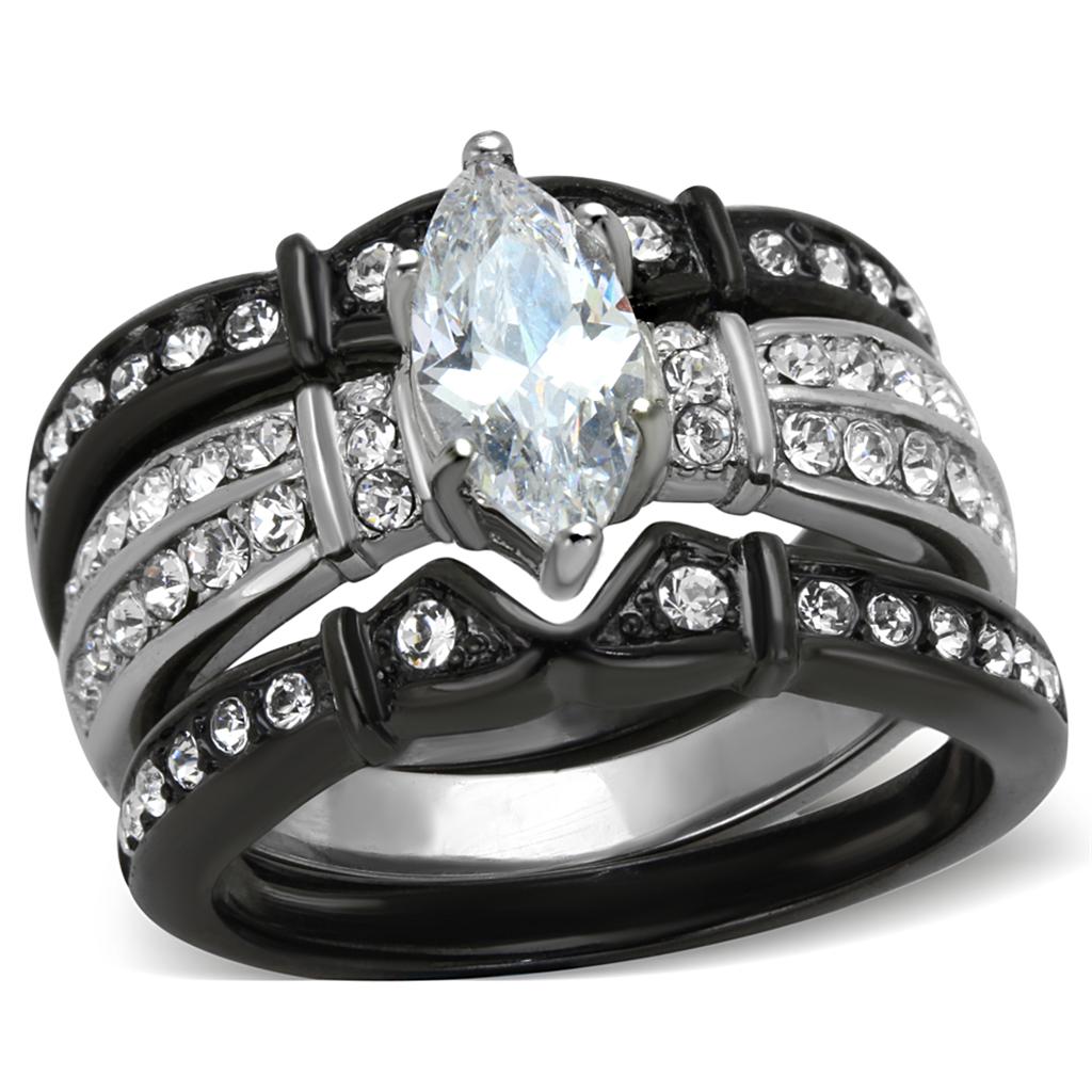 JCE1922 Two-Tone IP Black Stainless Steel Ring with AAA Grade CZ in Clear