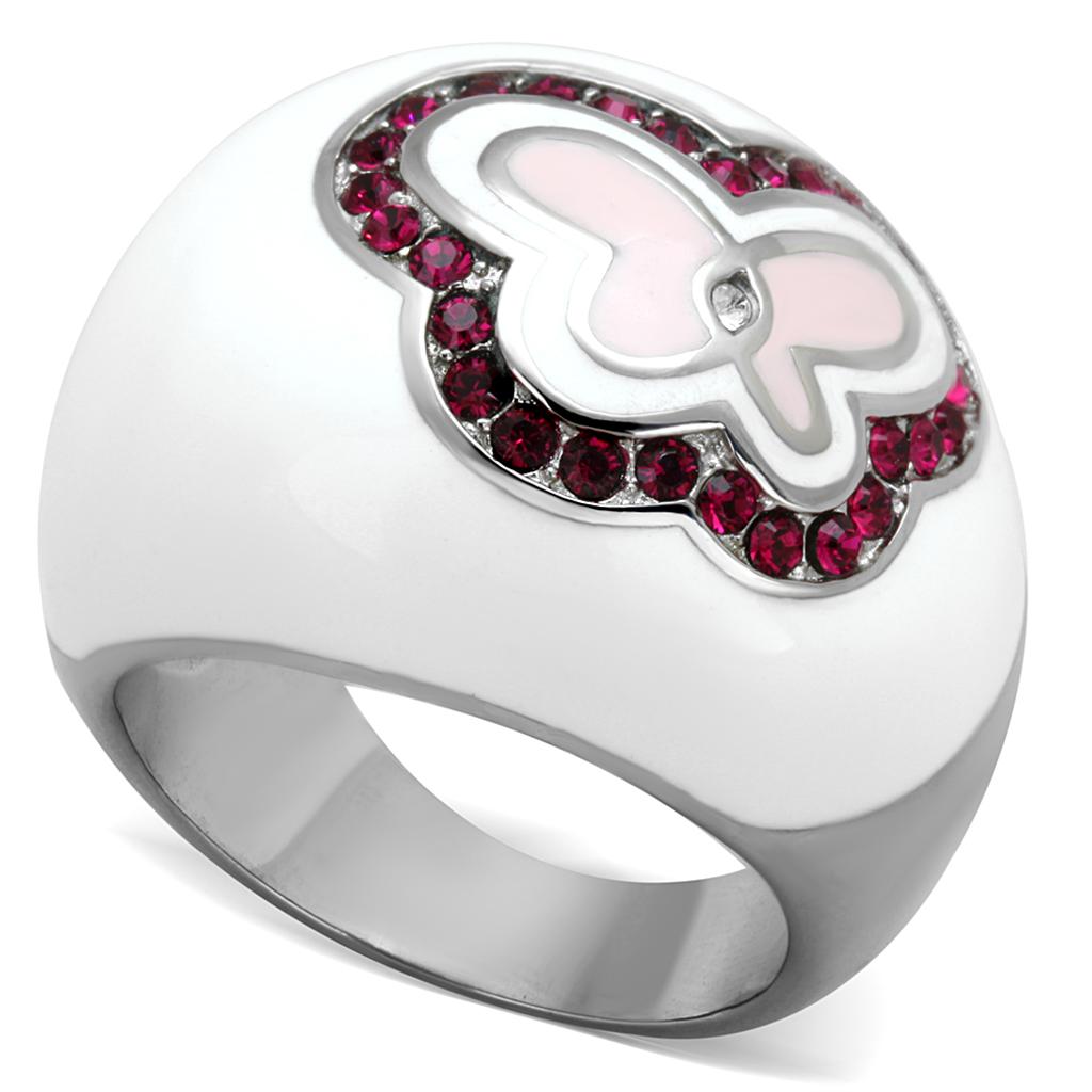 JCE1927 High polished (no plating) Stainless Steel Ring with Top Grade Crystal in Ruby