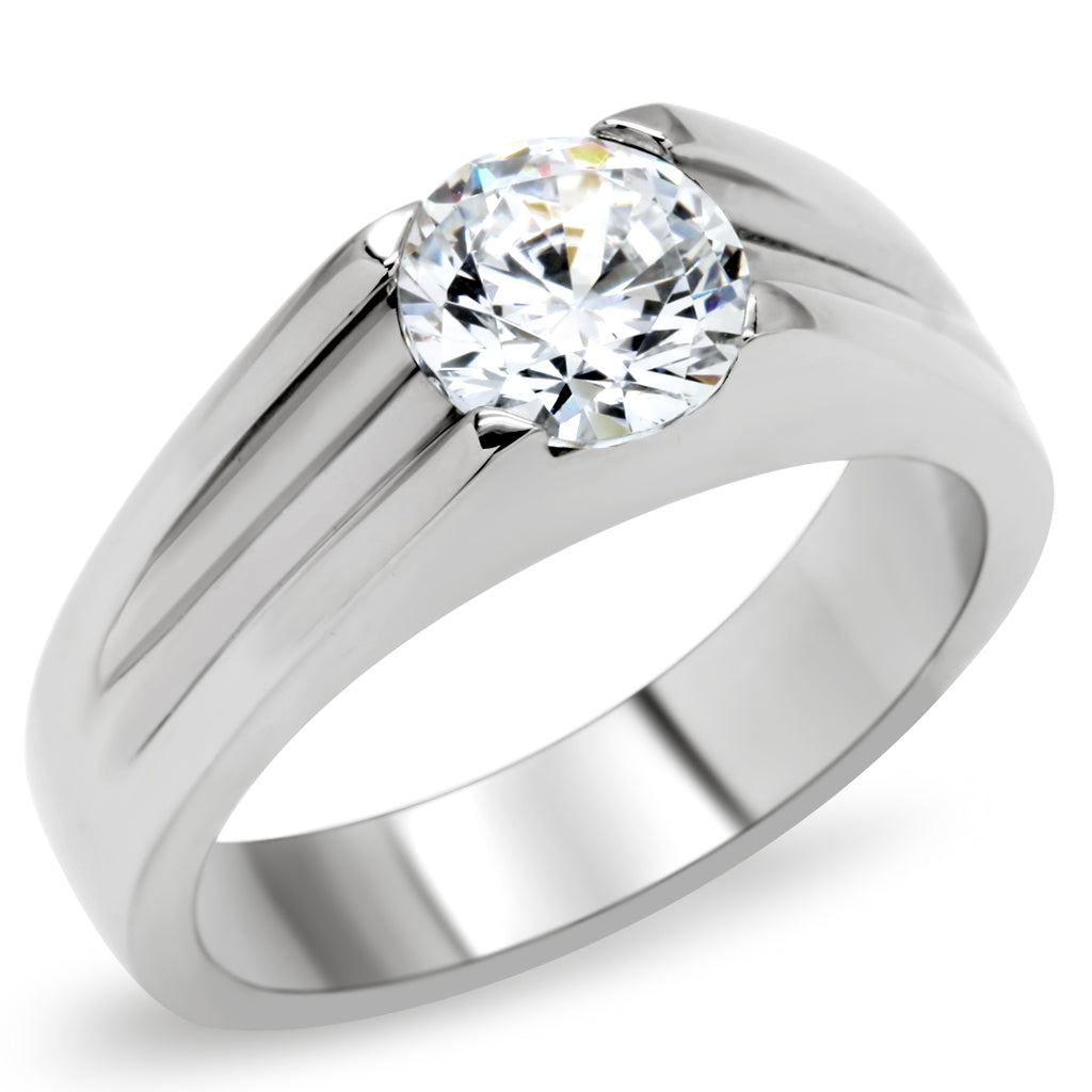 JCE193 High polished (no plating) Stainless Steel Ring with AAA Grade CZ in Clear