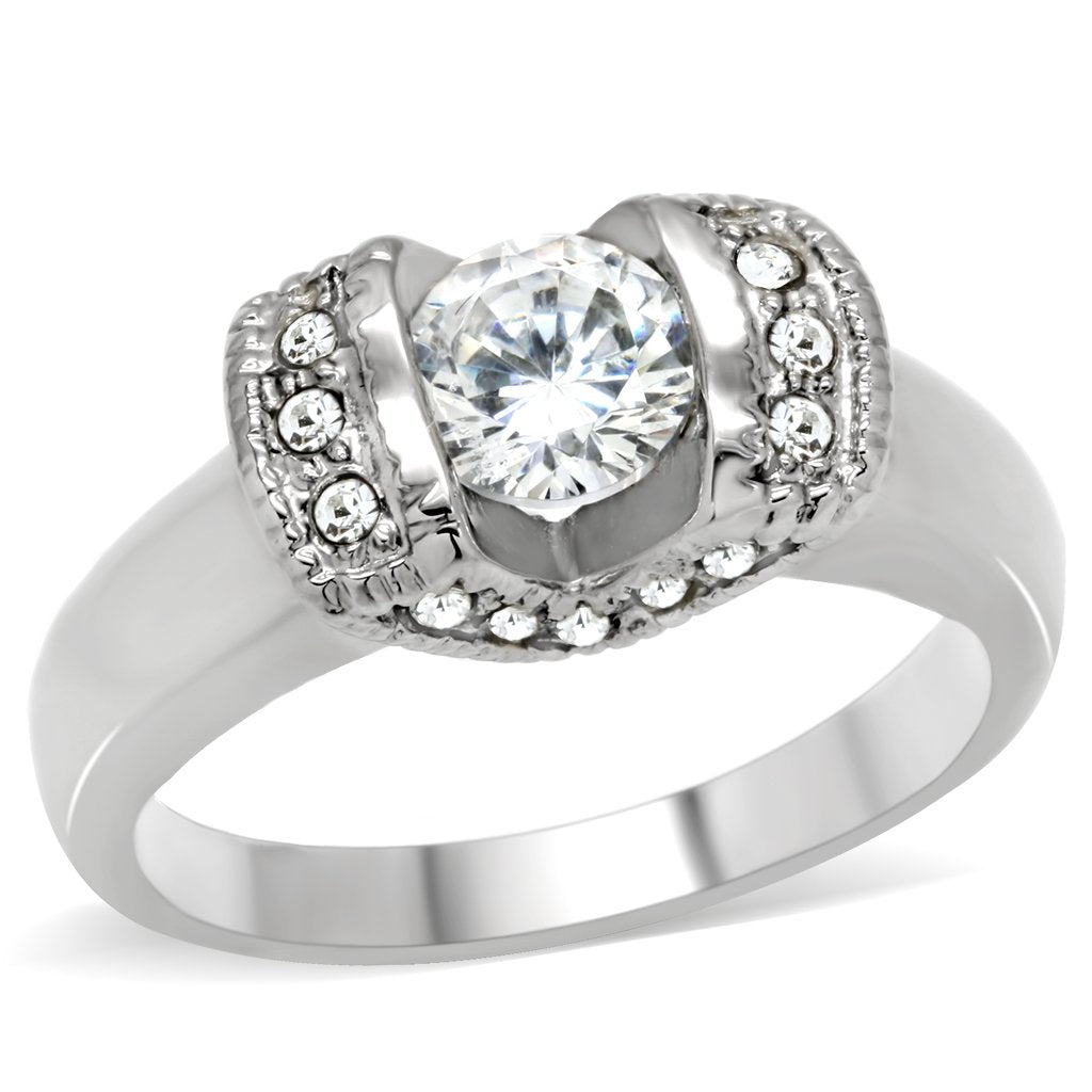 JCE194 High polished (no plating) Stainless Steel Ring with AAA Grade CZ in Clear
