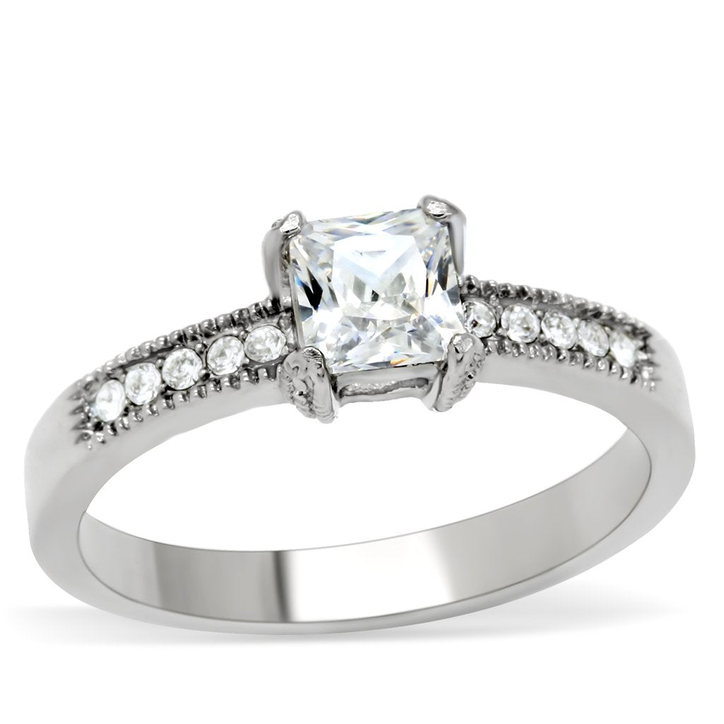 JCE199 High polished (no plating) Stainless Steel Ring with AAA Grade CZ in Clear