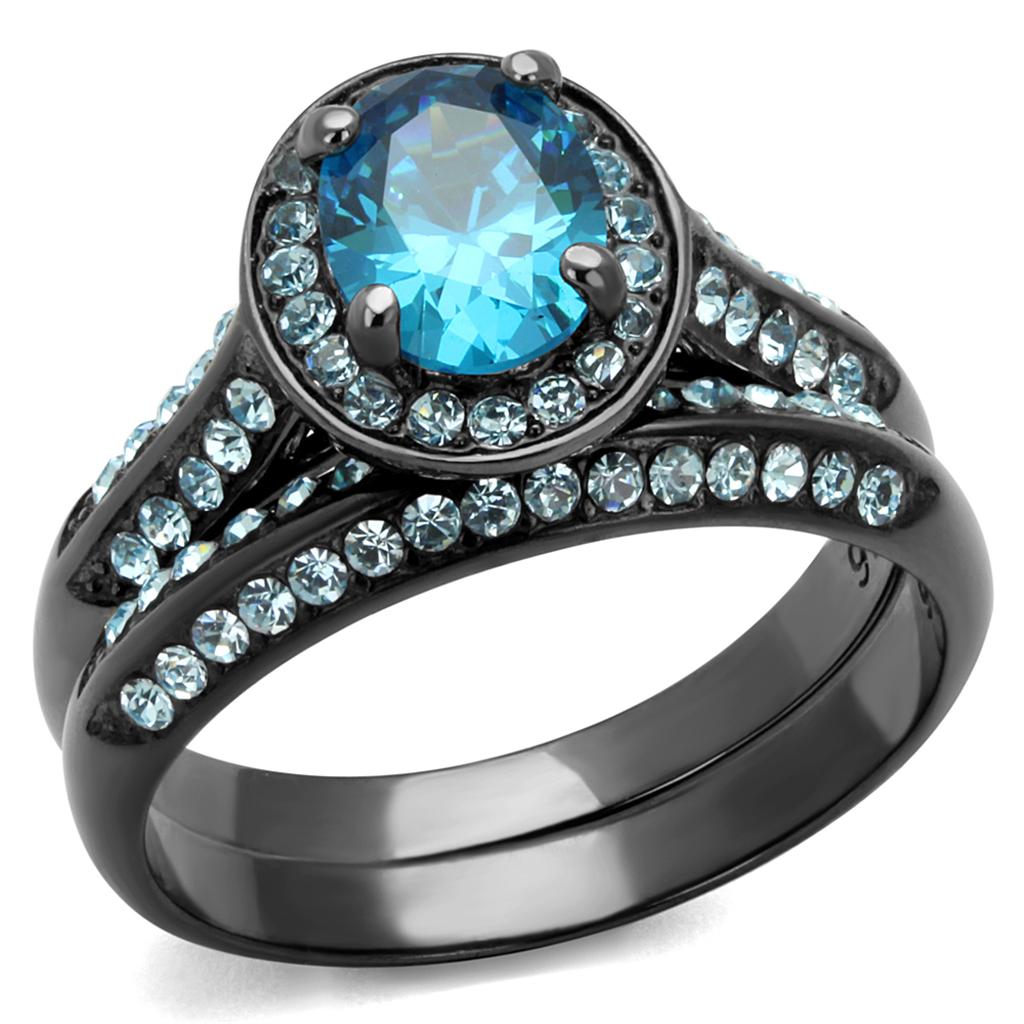 JCE1W163LJ IP Light Black (IP Gun) Stainless Steel Ring with AAA Grade CZ in Sea Blue