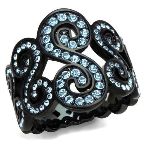 JCE2018 IP Black(Ion Plating) Stainless Steel Ring with Top Grade Crystal in Sea Blue