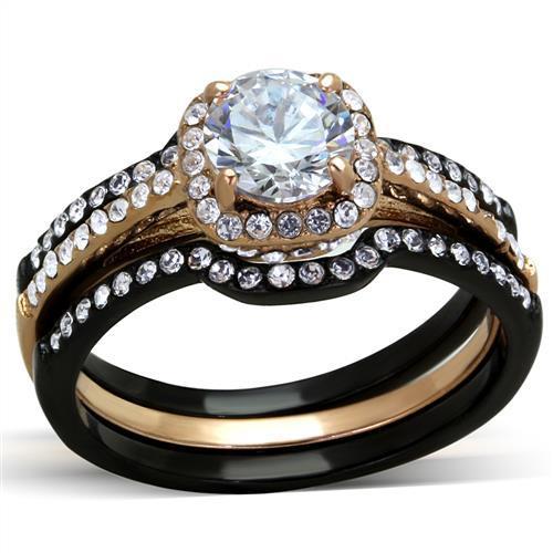 JCE2020 IP Rose Gold+ IP Black (Ion Plating) Stainless Steel Ring with AAA Grade CZ in Clear