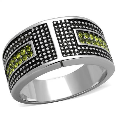 JCE2022 High polished (no plating) Stainless Steel Ring with Top Grade Crystal in Olivine color